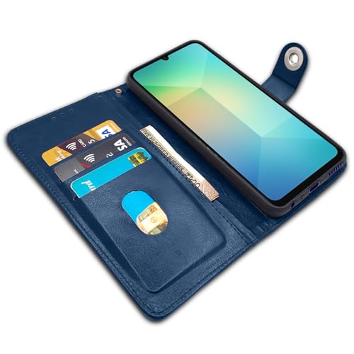 Image of Pikkme Flip Cover Leather Finish | Inside TPU with Card Pockets | Wallet Stand and Shock Proof | Complete Protection Button Flip Case for Samsung Galaxy A06 (Blue)