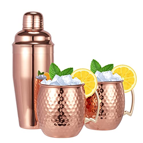 Moscow Mule Mugs Set Of 3-Hammered Moscow Mule Mugs Drinking Cup With 24Oz Cocktail Shaker