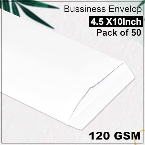 Image of GLUN White Plain Envelopes Pack of 50 Pieces for Cheques, Legal Documents & Invoices, Envelopes Size 4.5 x 10 Inch, 120 GSM Thick Paper Sheet