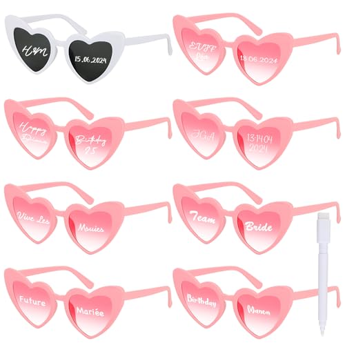 BOOMTOP 8 Pares Gafas de Sol Corazón, Novia, Vintage, Hippies y Fiesta para Mujer, Con Rotulador Modificable Blanco para Escribir