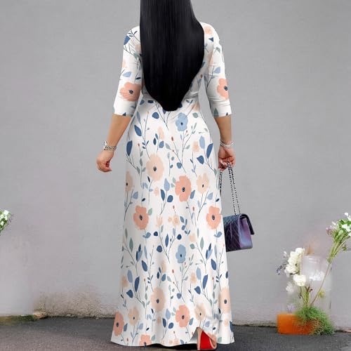 Image of PinkPatty Plus Size Maxi Dress for Women Casual V Neck 3 /4 Sleeve Boho Printed Long Dress with Pockets