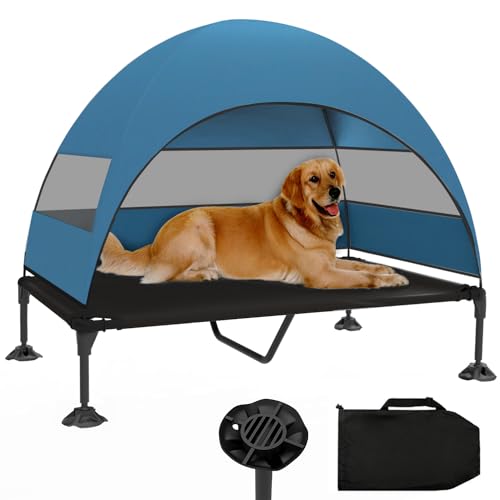 Elevated Dog Bed with Canopy, Raised Outdoor Dog Cot with Stable Anti-Slip Feet, Pet Bed with Removable Canopy Shade Tent, Dog Bed for Indoor Outdoor (Blue, 50.0