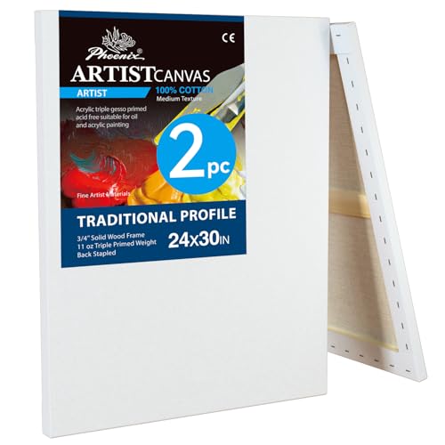 PHOENIX 24x30 Inch 2 Pack Artist Canvas - Extra Large Stretched Canvases for Painting - 3/4 Inch Profile, 100% Cotton 11 Oz. Gesso Primed White Blank Professional Canvas Oil & Acrylic Paints