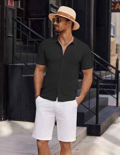 COOFANDY Men's Vintage Knit Shirt Short Sleeve Button Down Polo Shirts for Summer Casual & Vacation3