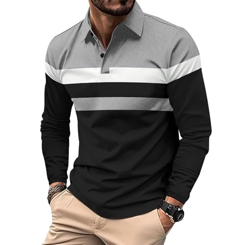 Comilaka Herenpoloshirts met lange mouwen, casual poloshirts met contrasterende kleuren, patchwork-tops, normale pasvorm, herfst en winter, Zwart, L