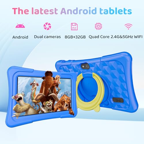 Image of Kids Tablet, 7 Inch Android 15 Tablet for Kids, 8GB+32GB 1TB Expanding, Quad Core Toddler Tablets with Shockproof Case, BT5.0, WiFi 5, Parental Controls, Games, Dual Camera (Blue)