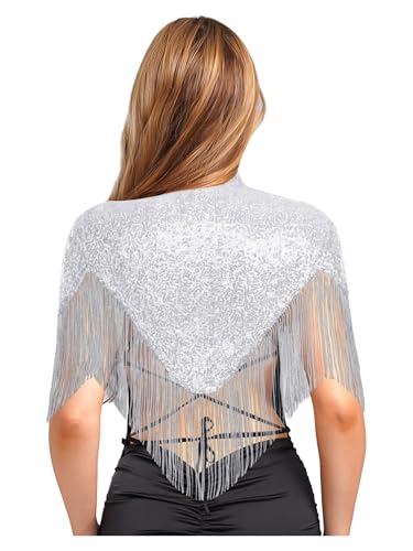 Womens 1920s Sequined Shawl Wraps Sparkly Glitter Fringed Wedding Cape for Evening Party4