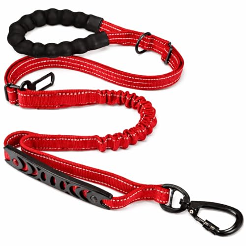 Image of 6-in-1 Tactical Dog Leash for Large & Medium Dogs, Heavy Duty Bungee Leash with Dual Handle, Reflective Shock Absorbing Nylon Training Leash with Car Seat Belt (Red)