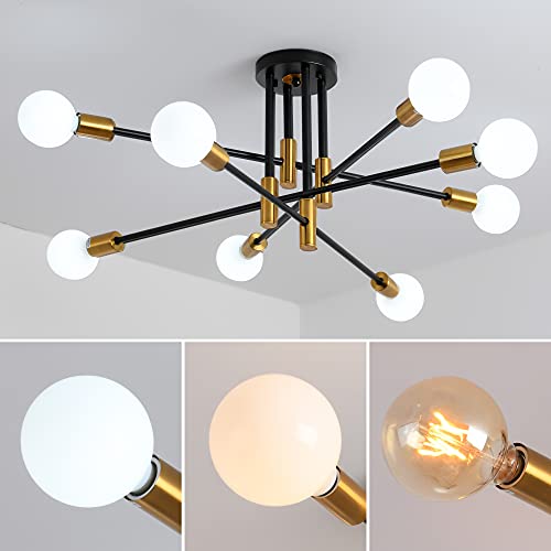 Mid Century Modern Sputnik Chandelier Light Fixture, Semi Flush Mount Ceiling Light Adjustable Arm Pendant Lighting Used For Kitchen Dining Room Bedroom Living Room Corridor (Black+Gold-8 Lights) #TOP5