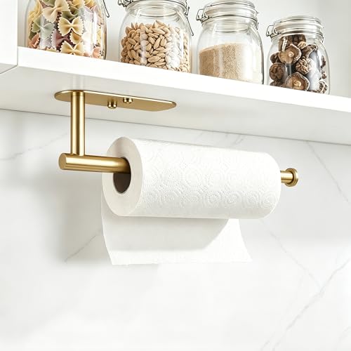 Image of Gold Paper Towel Holder Under Cabinet, Adhesive Paper Towel Roll Holder Stick on Wall, Stainless Steel Towel Paper Holder for Bathroom Kitchen