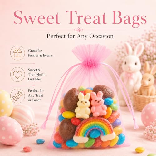 Image of ANZNKU 100PCS Sheer Pink Organza Bags 5x7 inch Mesh Bags Drawstring, Small Mesh Gift Bag for Makeup, Mesh Bag Drawstring, Organza Favor Pouches for Easter Party Wedding Mesh Festival