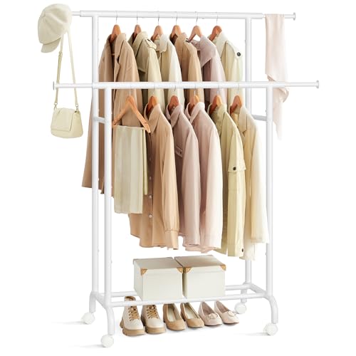 SONGMICS Porte-Manteau à Roulettes, Portant à Vêtements Double Barre, Porte-vêtements Extensible, Structure en Métal Robuste, Capacité Totale 80 kg,...