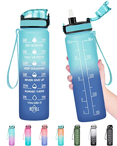 Image of Enerbone 32 OZ Water Bottle, Leakproof BPA & Toxic Free, Motivational Water Bottle with Times to Drink and Straw, Fitness Sports Water Bottle with Strap for Office, Gym, Outdoor Sports, Green-Blue