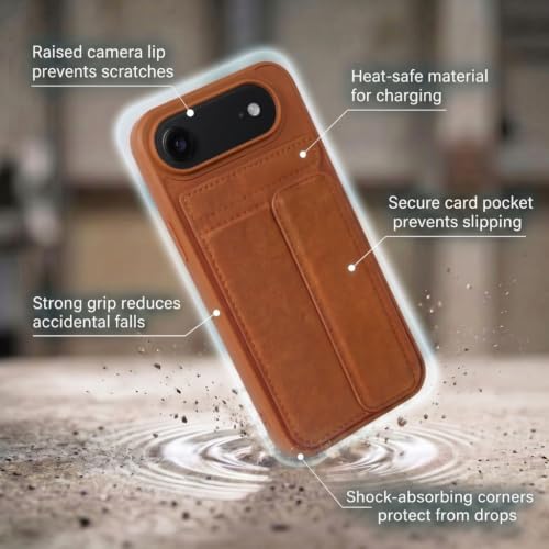 Image of amazon basics Luxury Vegan Leather Back Cover for iPhone 17 Air | Built-in Card Holder Slot | Integrated Mobile Stand | Slim Shockproof Protective Case with Stitched Finish - Tan
