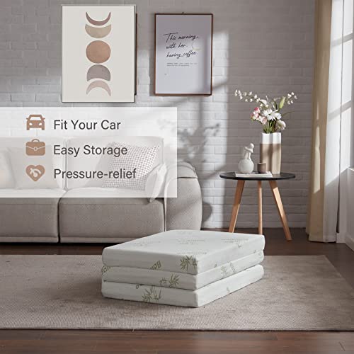 SINWEEK Memory Foam Folding Mattress, 4 Inch Foldable Trifold Mattress Topper, CertiPUR-US Certified Guest Bed with Cooling Cover & Waterproof Lining