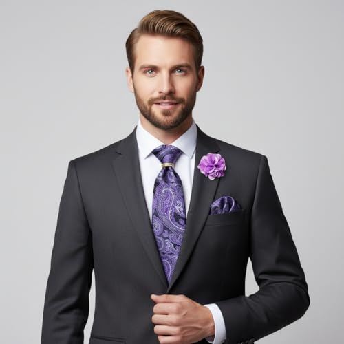 Image of 5PCS Mens Silk Designer Tie, Pocket Square, Cufflinks, Drilled Tie Ring and Lapel Pin Set for Wedding Groom Party