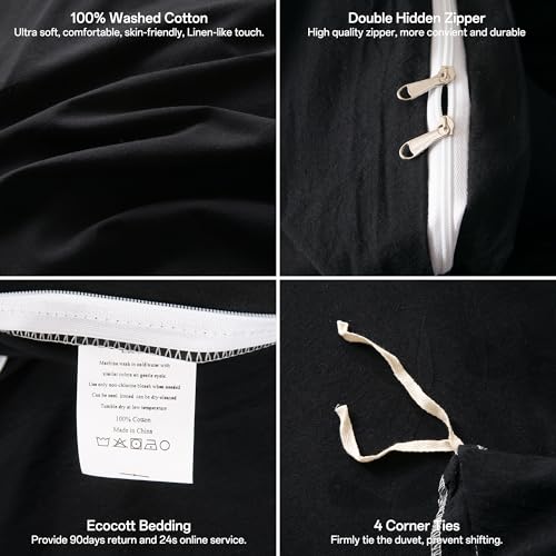 Image of ECOCOTT 3 Pieces Duvet Cover Queen Size 100% Washed Cotton 1 Duvet Cover with Zipper and 2 Pillowcases, Ultra Soft and Easy Care Breathable Cozy Simple Style Bedding Set (Black,Queen)
