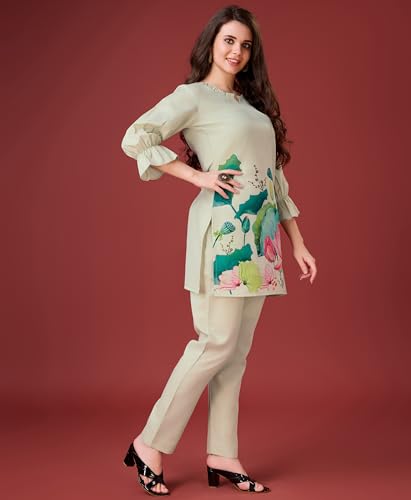 Image of MOJILAA Women Linen Floral Print Causal Co-ord Set | Linen Co-ord Set | Printed Co-ord Sets | Causal Wear | A-line Co-ord | Top and Bottom Wear