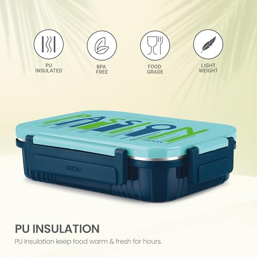 Image of MILTON Meal Safe 3 Inner Stainless Steel Tiffin Box for School with Steam Release Plug | PU Insulated, Leak-Proof, Food Grade I Lunch Box for Kids Boys, Girls with Snap Lock Lid, 630 ml, Dark Blue