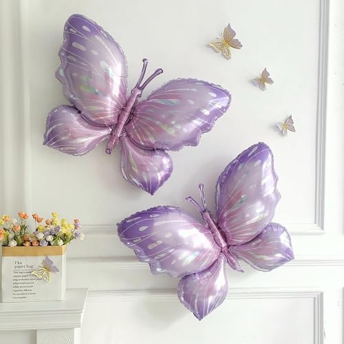Image of AMFIN (Pack of 2) Large Butterfly Foil Balloons 34 Inch Gradient Birthday Party Decorations | Helium & Air Compatible - Purple