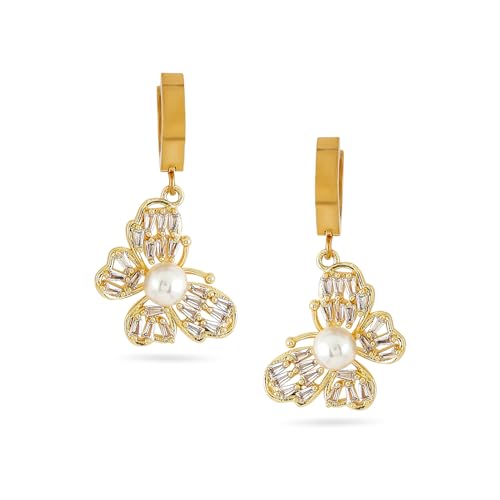 Image of Rubans 18K Gold-Plated Stainless Steel Tarnish-Free Waterproof Pearl Buttrfly Drop Earrings | Women & Girls - Wedding & Occasions - Ideal Gift for Loved Ones