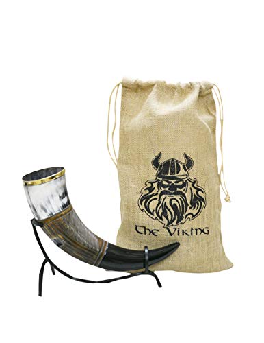 The Viking Genuine Viking Drinking Horn with Iron Stand Authentic Medieval Beer Drinking Horn Brass Adornments and Burlap Gift Sack Included 16 oz (450-475 ml) Capacity