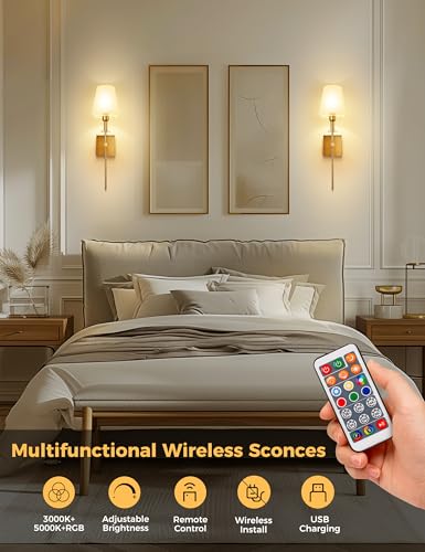 Image of DORESshop Battery Operated Wall Sconce Set of 2, Gold Rechargeable Wall Lights Remote, Sconce Wall Decor Set of 2, 7 Colors Wireless Sconces for Bedroom Living Room Hallway