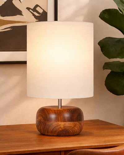 Image of Homesake Handcrafted Wooden Base Table Lamp with Warm Shade, Aara, Bedside Night Light for Bedroom, Living Room, Study Table, Home Decor, Ambient Lighting, (KD Off-White)