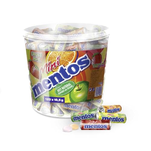 Mentos - Mini Rouleaux Fruits - Bonbons Tendres et Croquants - 120 Pièces Tubo, 4 Goûts Assortis, Multicolore - Mini Rouleaux à Partager
