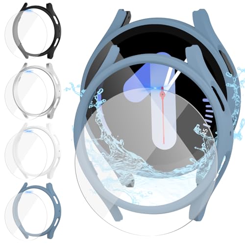 Jvchengxi [4+4Pezzi] Cover Opaco 44mm per Samsung Galaxy Watch 5 & Galaxy Watch 4, Custodia Sottile Rigida PC AntiGraffio + 9H Pellicola Protettiva Vetro Temperato (Blu+Bianco+Nero+Argento)
