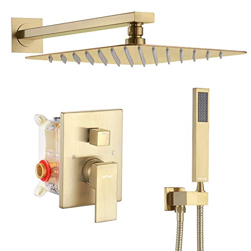 Buy 1 get 1 ESNBIA Brushed Gold Shower System, Bathroom 10 Inches Rain Shower Head with Handheld Combo Set, Wall Mounted High Pressure Rainfall Dual Shower Head System, Shower Faucet Set with Valve and Trim