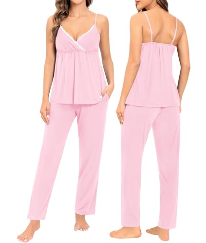 Image of SWOMOG Maternity Nursing Robe Set 3 Piece Breastfeeding Pajamas 3 in 1 Labor Delivery Sleevless Tops&Long Pants Pregnancy Pjs