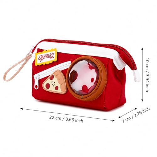 Image of Cheese Pizza Red Pencil Pouch for Girls & Boys, Large Capacity Zipper Pencil Case with Transparent Display Window & Front Pocket, Cute Food Theme Stationery Bag