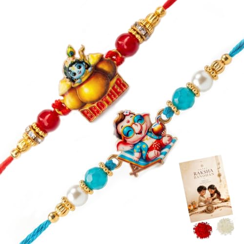 Image of Cartoon Kanha Bal Krishna and Car Rakhi for Baby /Kids Brother /Sister | Combo for Kids | Rakhi with Greeting Card & Roli Chawal