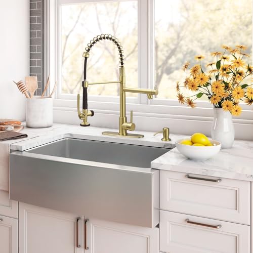Image of Fapully Commercial Kitchen Sink Faucet with Pull Down Sprayer Brushed Gold