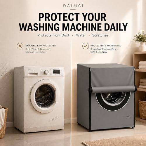 Image of DALUCI Washing Machine Cover Front Load for 6 Kg, 6.5 Kg, 7 Kg & 7.5 Kg Fully Automatic Machines | Waterproof Dustproof Polyester Protective Cover with Zipper (Grey, 59X59X86 CM)
