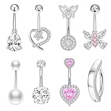 14G Belly Button Ring Surgical Stainless Steel Navel Piercing Jewelry Hypoallergenic Cute Butterfly Clicker Clip Hoop Pink Heart Belly Button Piercings Pack for Women Dainty Navel Ring