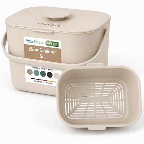 YourCasa Biomülleimer Küche 5L - Komposteimer für alltäglichen Biomüll Behälter - Spülmaschinenfest - Geruchsdicht mit Sieb & ergonomischen Griff - Bio Mülleimer Klein Komposter Bioeimer (Creme)