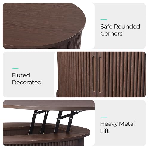 Image of LINSY Lift Top Coffee Table, Round Fluted Coffee Table with Storage, Mid Century Modern Wooden Coffee Tables with Sliding Tambour Door, 31.5 inch Center Table for Living Room, Office, Small Space, Walnut