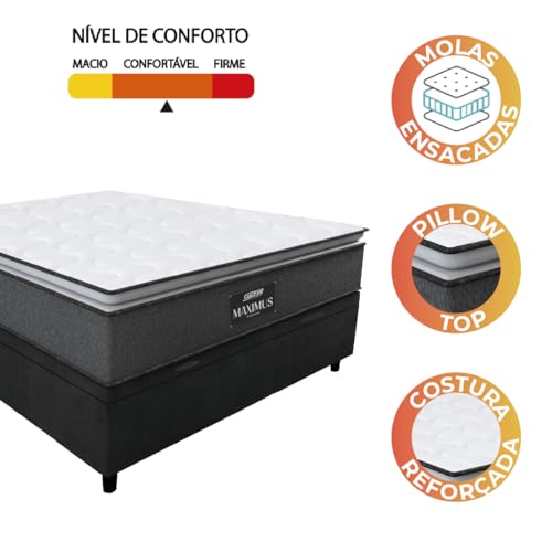 Cama Box Baú Casal Colchão Molas Ensacadas Maximus 138x188x69cm Cinza/Preto Gazin - Suporta até 120k