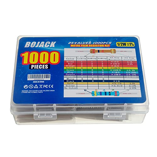 Bojack 1000 Pcs 25 Values Resistor Kit 1 Ohm-1M Ohm With 1% 1/2W Metal Film Resistors Assortment #TOP2