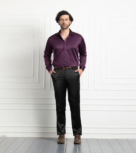 Image of CVC Men's Satin Regular Fit Formal Full Sleeve Solid Wine Shirt for Office, Party Premium Poly Satin Silk with Collar for Men - Size XXL