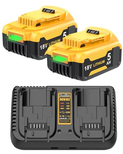 2 Stück 5000mAh Ersatzakku für Dewalt Akku 18V + DCB102 Dual-Ladegerät Li-Ion Ersatz für Dewalt DCB200 DCB182 DCB201 DCB184 DCB101 DCB107 DCB112 DCB115