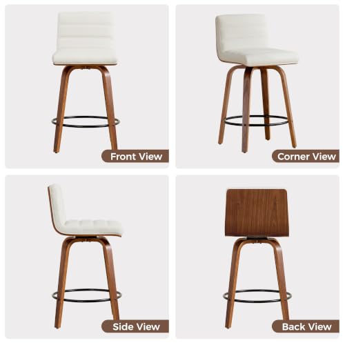 Image of Swivel Bar Stools Set of 1,26 inch Faux Leather Counter Height Barstools with Back,Mid Century Modern Upholstered Bar Chairs with Bentwood Legs Island Stools for Kitchen Counter White