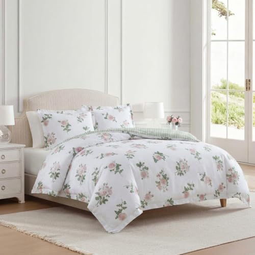 Image of Martha Stewart - Queen Comforter Set, 100% Silky Smooth Cotton Sateen Floral Bedding for Year Round Comfort, 3 Piece Bed Set with Matching Pillowcases (Tea Rose Pink)