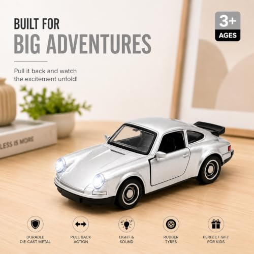 Image of 1:36 Scale 911 Die-Cast Alloy Toy Car - Pull-Back Metal Sports Car with Openable Doors, LED Lights & Sound - Collectible Model for Kids, Boys & Enthusiasts (Silver)