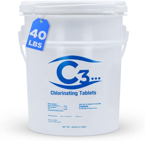 Image of C3 40 lbs. 3 inch Stabilized Chlorine Tabs for Swimming Pools | Easy to Use for Above Ground or Inground Pool | Slow Dissolving Individual Chlorinating Tablets | 40 Pound Bucket