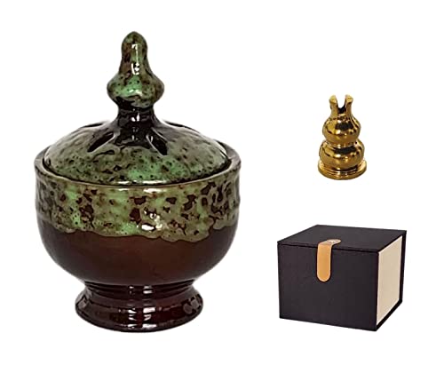 KOPYFANTAP Brûleur d'encens en céramique - Porte-encens rond - Pagode chinoise - Bol d'encens avec tapis ignifuge et mini support en laiton - 9 x 13 cm - Vert Cover