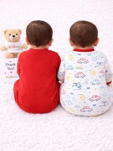 Image of Kidbee Baby Cotton Romper Pack of 2 | 100% Soft Cotton Hosiery | Front Open Snap Buttons | Full Sleeve Footed Sleepsuit | Newborn Baby Clothing Set