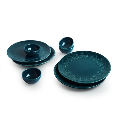 Image of ExclusiveLane 'Teal Forest' Hand-Glazed Ceramic Dinner Set Ceramic (8 Pieces, Serving for 4, Microwave Safe)|Dinnerware Set Dinner Plates for Dinner Plates and Bowls Set Plate for Dinner